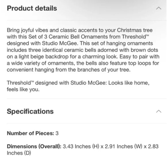 NEW Threshold Studio McGee Neutral Ceramic Bell Ornaments, Set of 3 - Picture 3 of 13